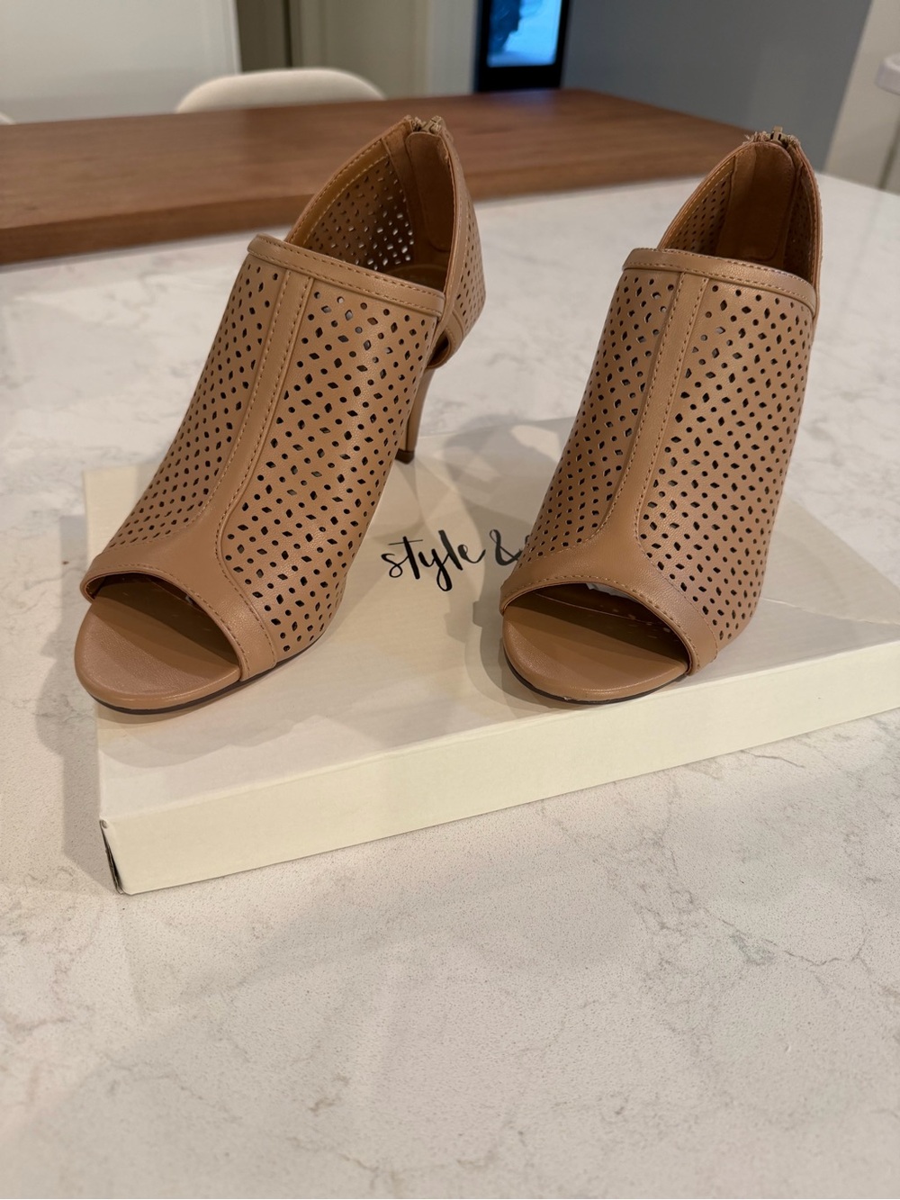 Style & Co. Perforated Peep-Toe Heeled Booties in Tan